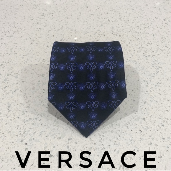 Versace Other - Versace Monogram Black Blue Polka Dot Silk Tie EUC